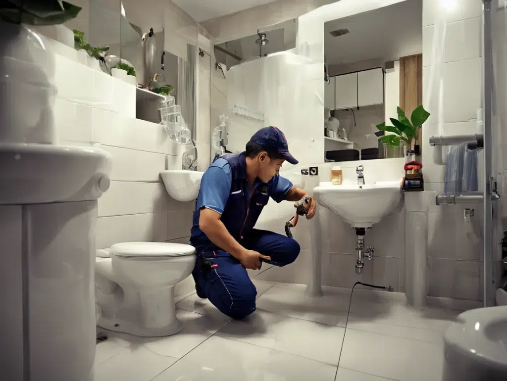 plumber repairing inside bathroom